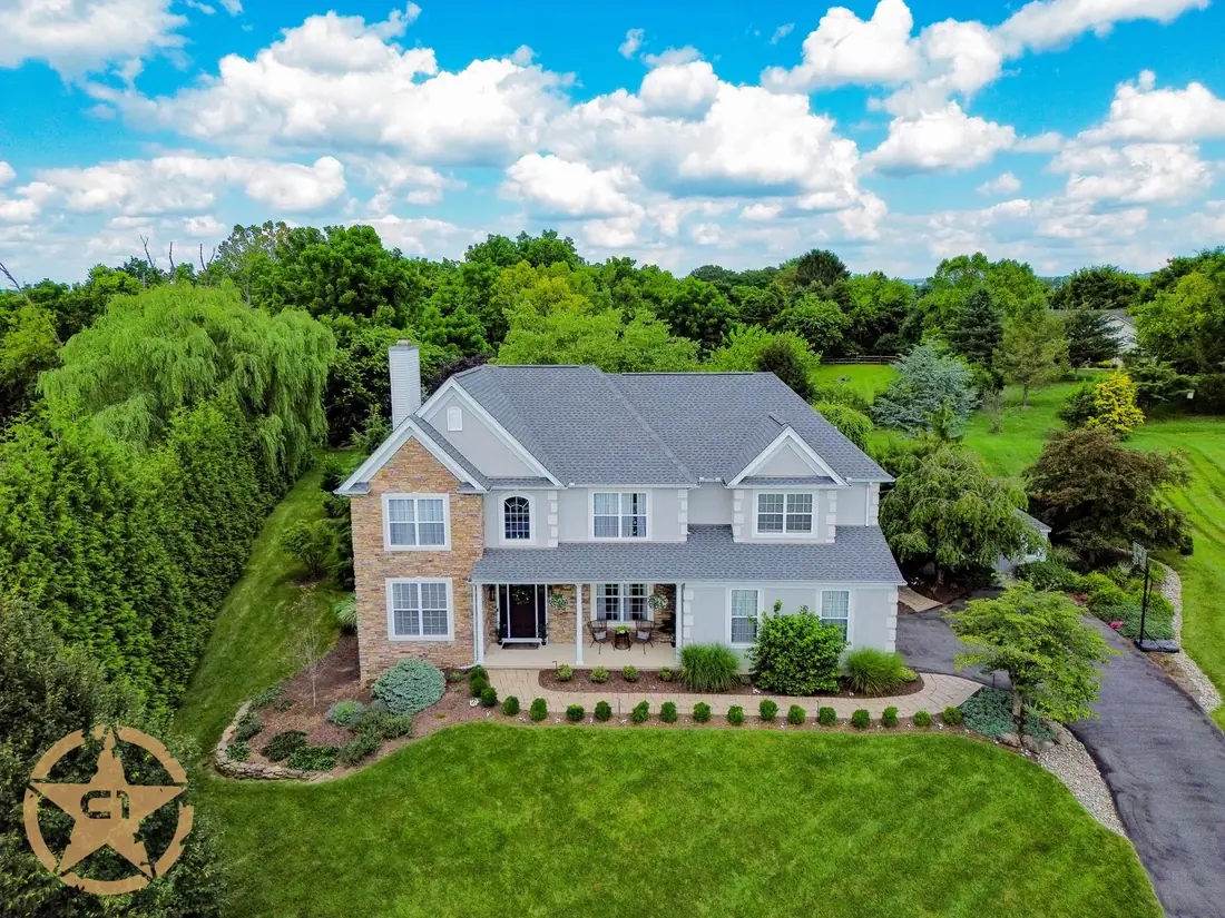 Aerial view of a finished roof replacement in Easton, Pennsylvania